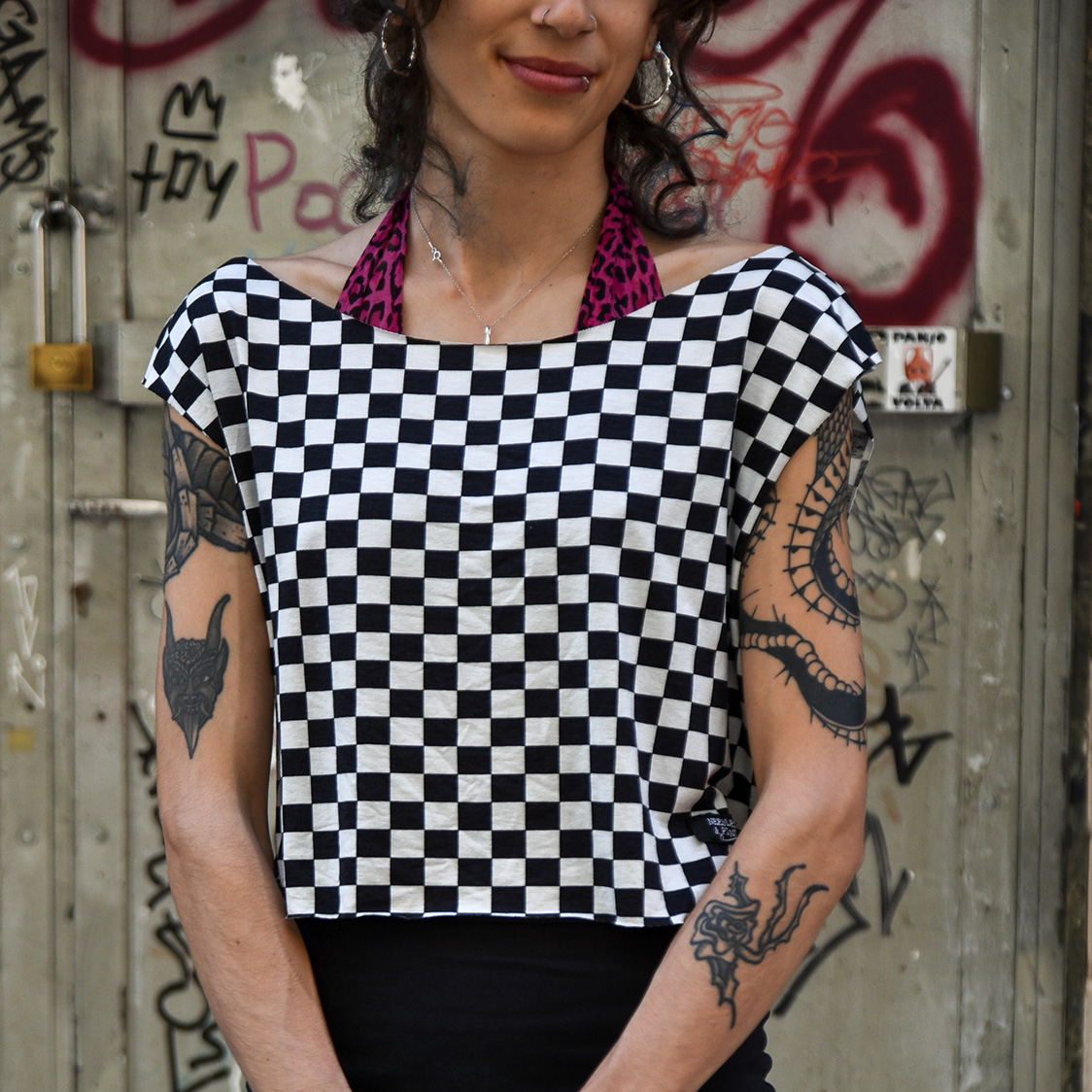 black and white checkerboard crop top