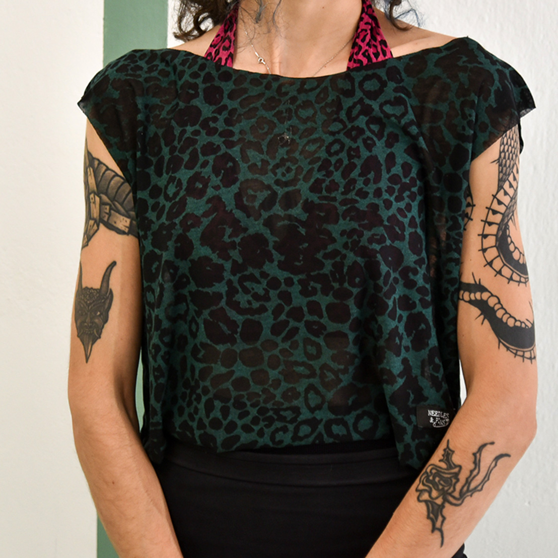 sheer green leopard crop top