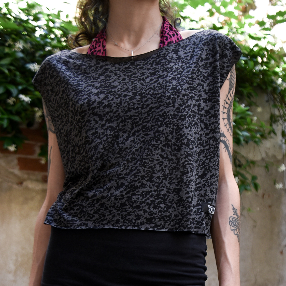 sheer grey wild print crop top